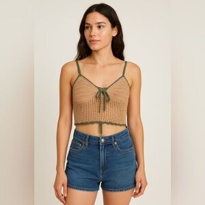 Love Knits Crochet Crop Top Beige with Green Trim – Size M